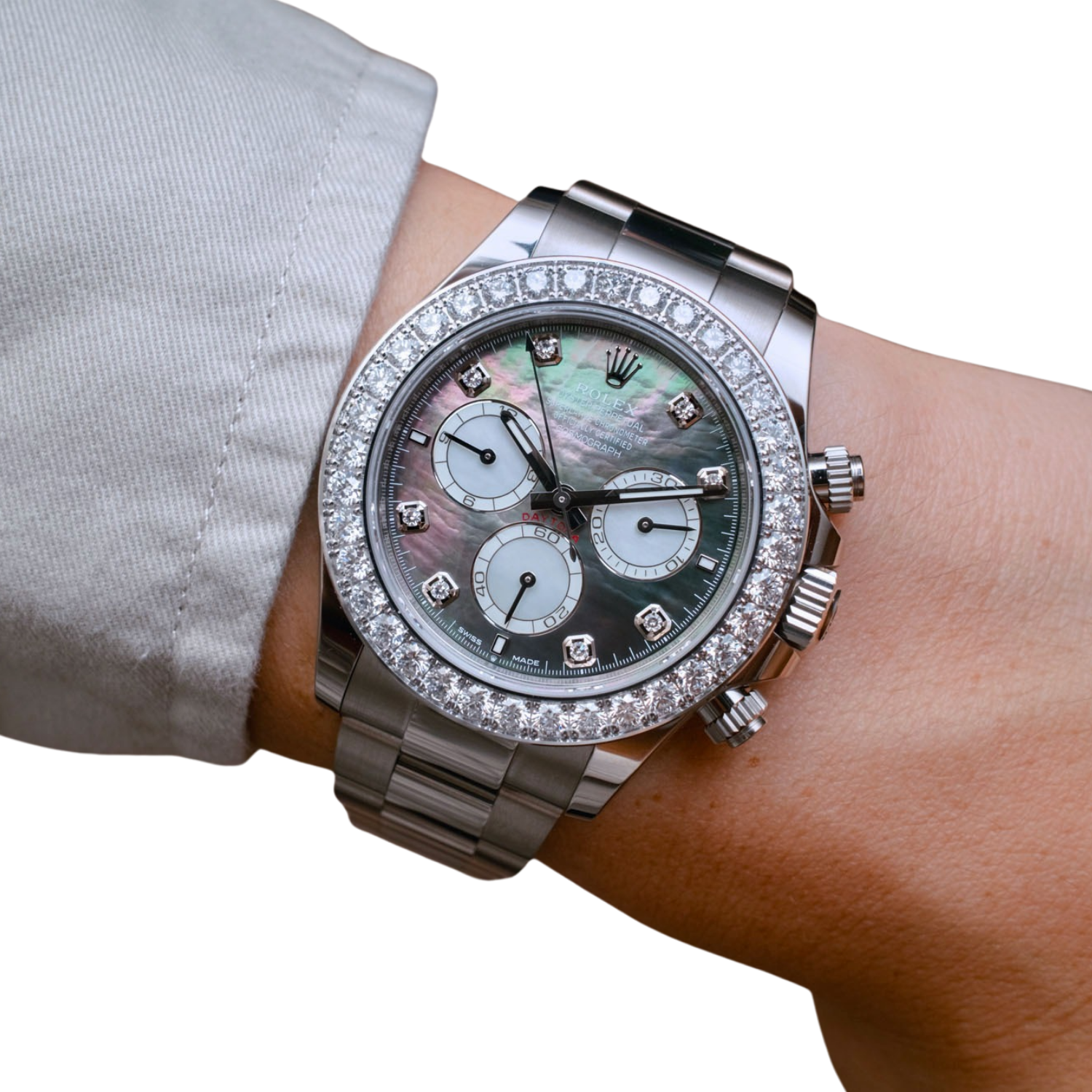 Daytona 40mm Oyster White Gold Black and White Mother of Pearl Diamond Dial & Bezel 126579RBR