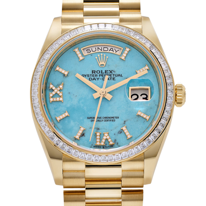 Day-Date 36mm Yellow Gold Turquoise Stone Diamond Roman Numerals Dial Diamond Bezel 128398TBR