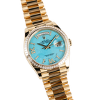 Day-Date 36mm Yellow Gold Turquoise Stone Diamond Roman Numerals Dial Diamond Bezel 128398TBR