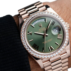 Day-Date President 40mm Everose Gold Olive Green Roman Dial Diamond Bezel - 228345RBR - New 2025