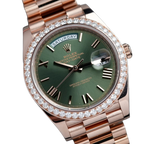 Day-Date President 40mm Everose Gold Olive Green Roman Dial Diamond Bezel - 228345RBR - New 2025