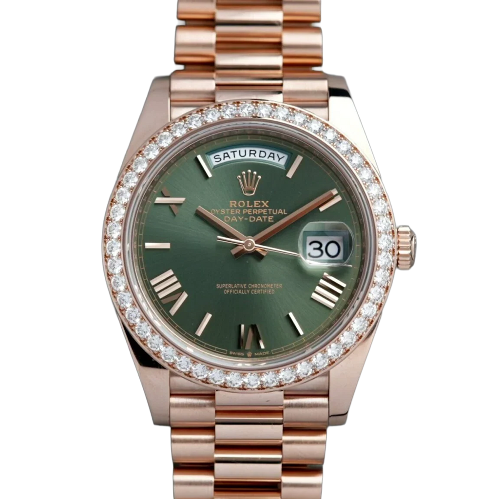 Day-Date President 40mm Everose Gold Olive Green Roman Dial Diamond Bezel - 228345RBR - New 2025