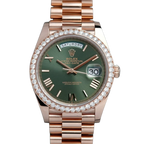 Day-Date President 40mm Everose Gold Olive Green Roman Dial Diamond Bezel - 228345RBR - New 2025