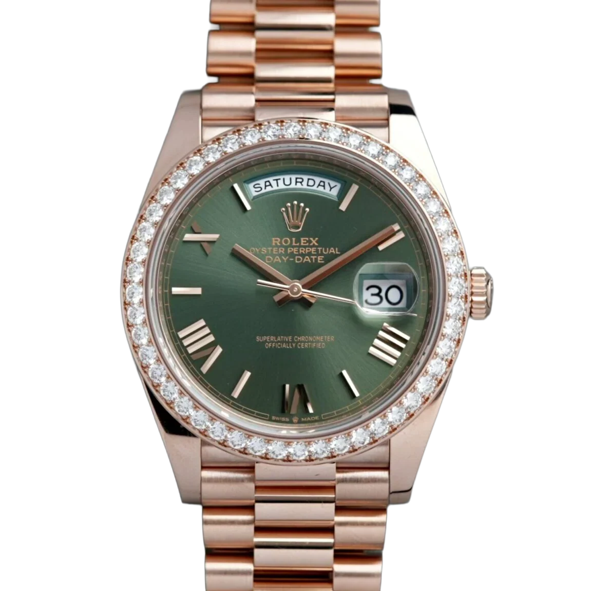 Day-Date President 40mm Everose Gold Olive Green Roman Dial Diamond Bezel - 228345RBR - New 2025