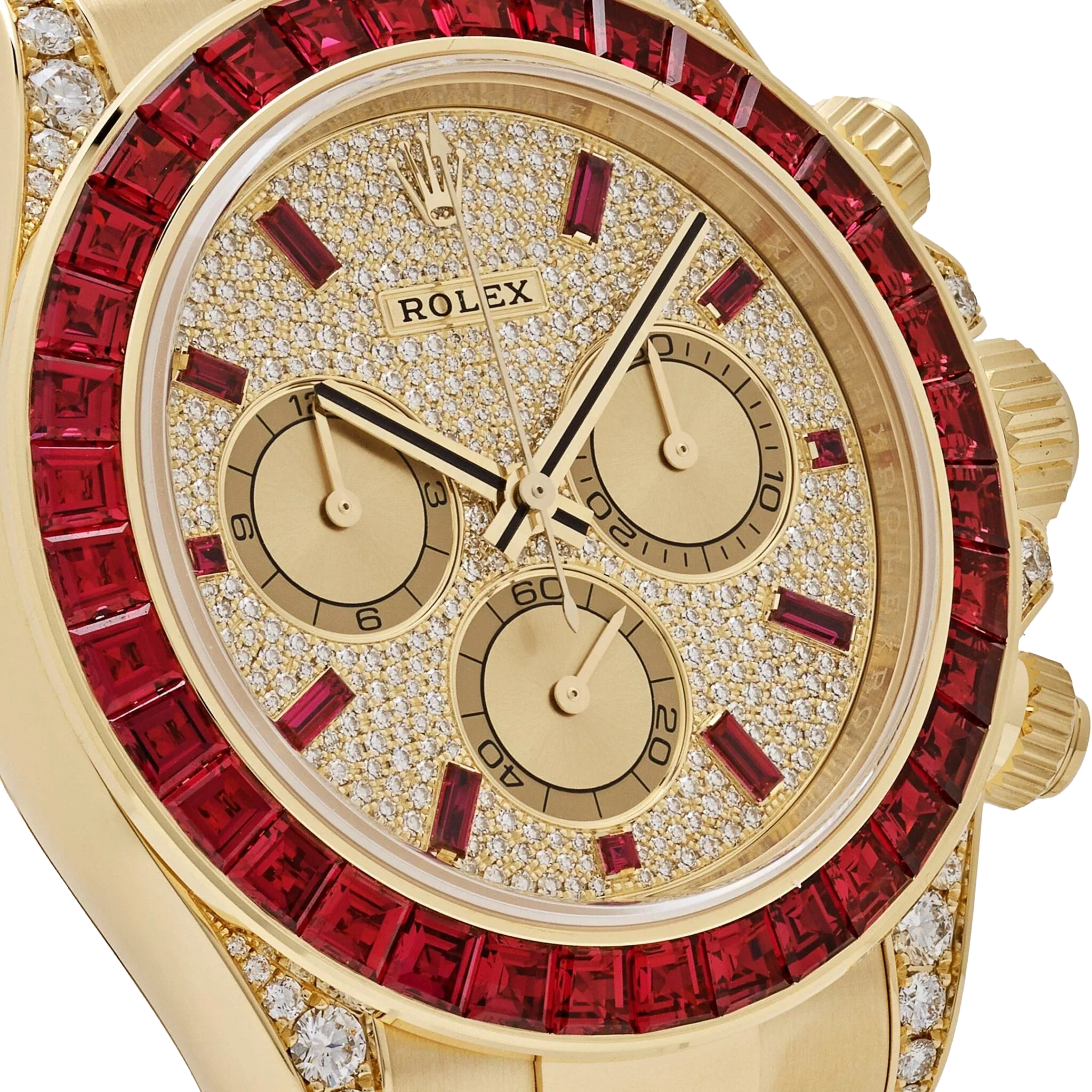 Daytona 126598TRU Yellow Gold Ruby Bezel Diamond Pave Dial