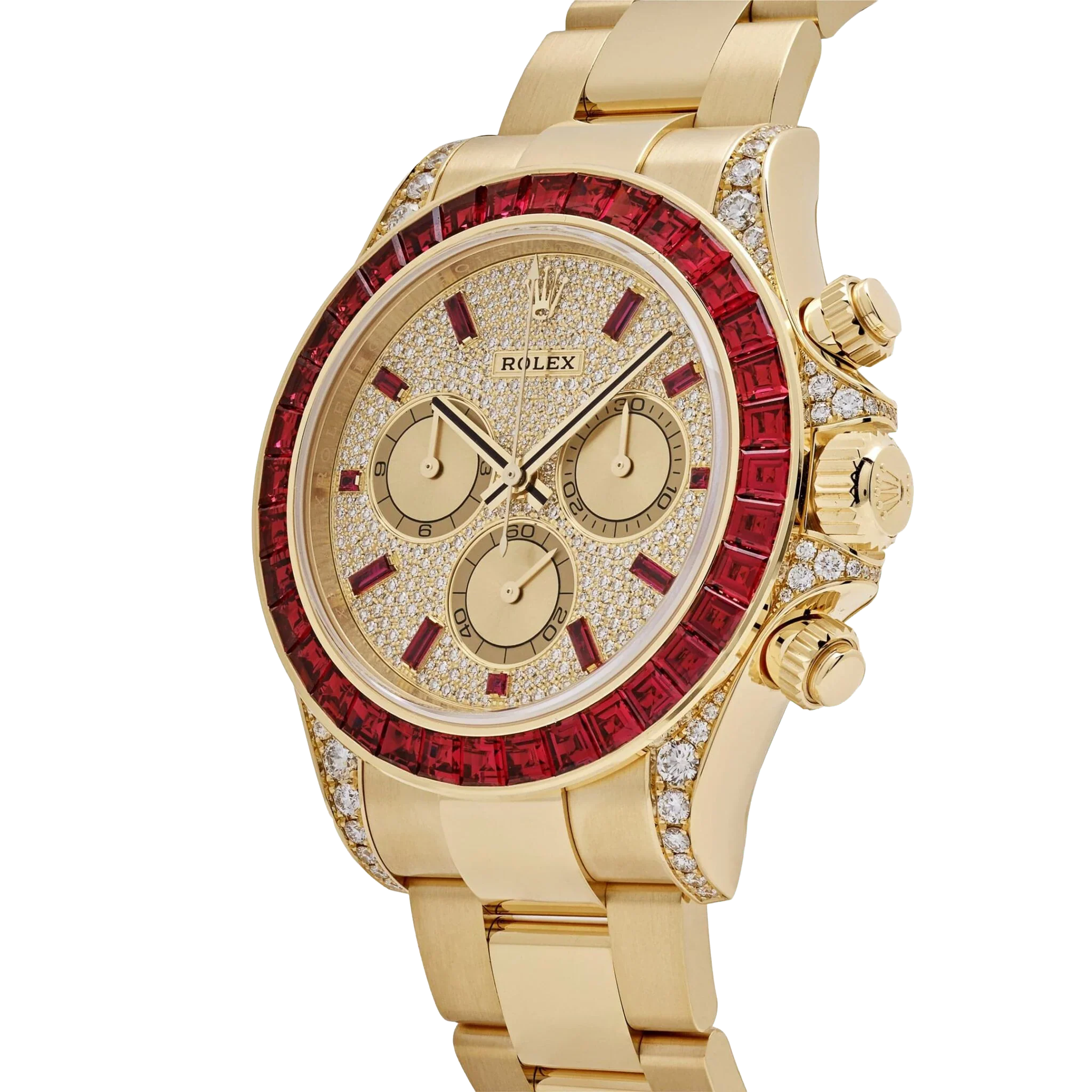 Daytona 126598TRU Yellow Gold Ruby Bezel Diamond Pave Dial