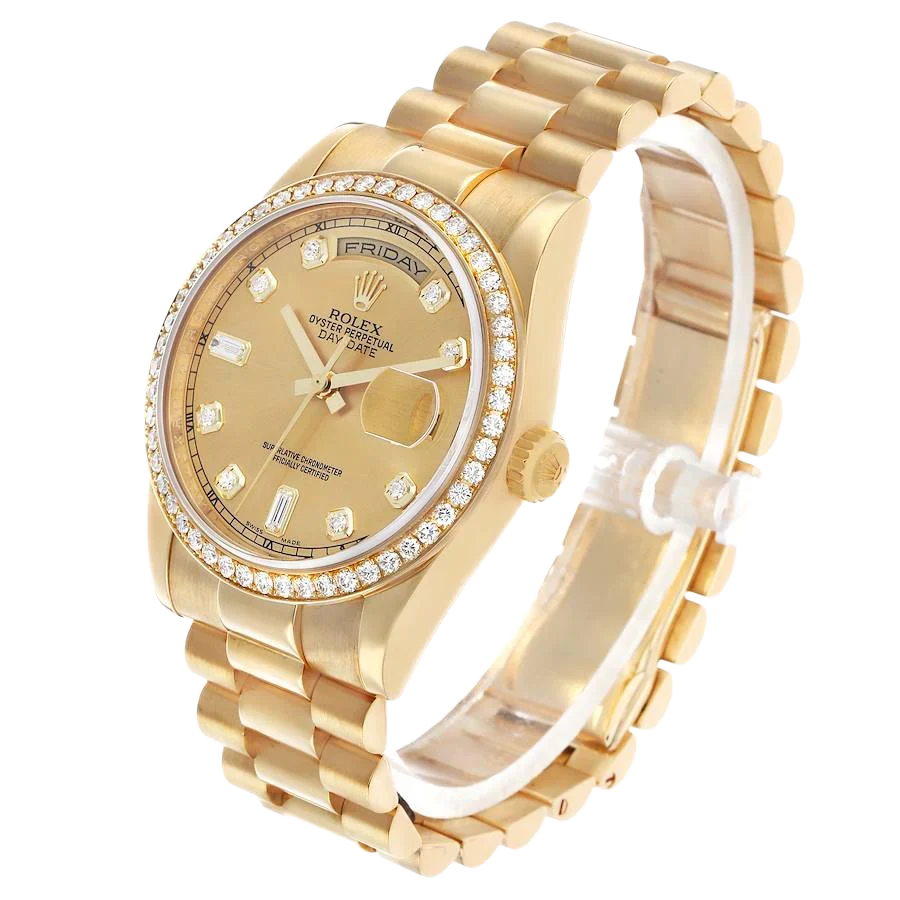 President Day-Date 36mm Yellow Gold Diamond Bezel Mens Watch 118348