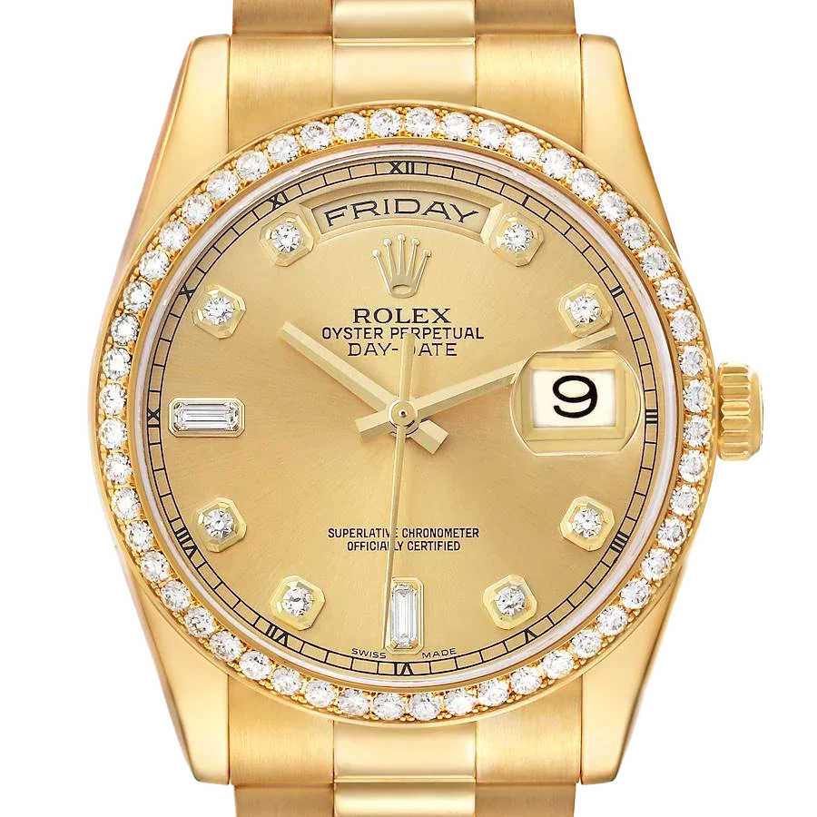 President Day-Date 36mm Yellow Gold Diamond Bezel Mens Watch 118348