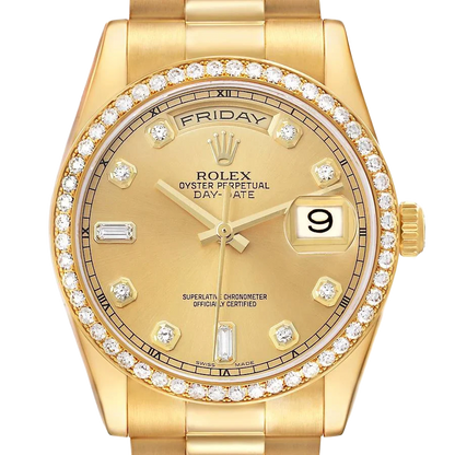 President Day-Date 36mm Yellow Gold Diamond Bezel Mens Watch 118348