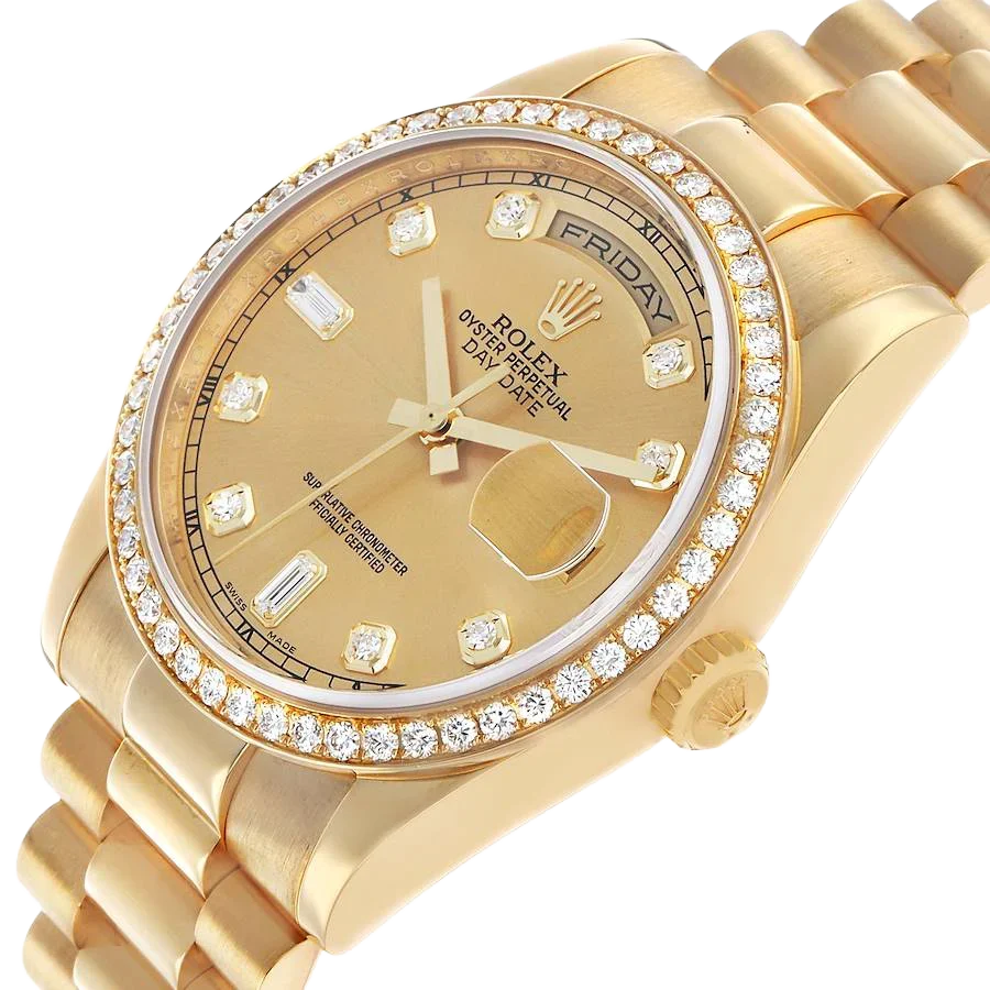 President Day-Date 36mm Yellow Gold Diamond Bezel Mens Watch 118348