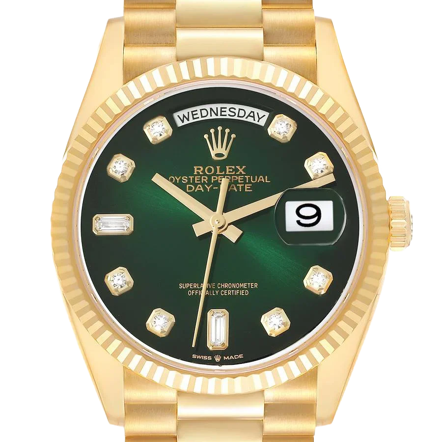 President Day-Date 36mm Yellow Gold Green Diamond Dial Mens Watch 128238