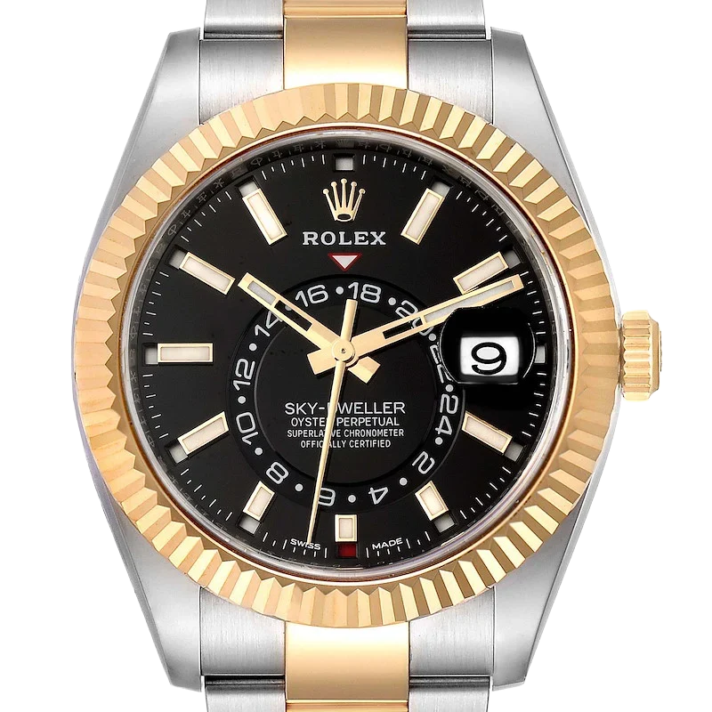 Sky Dweller 42mm Yellow Gold Steel Black Dial Mens Watch 326933