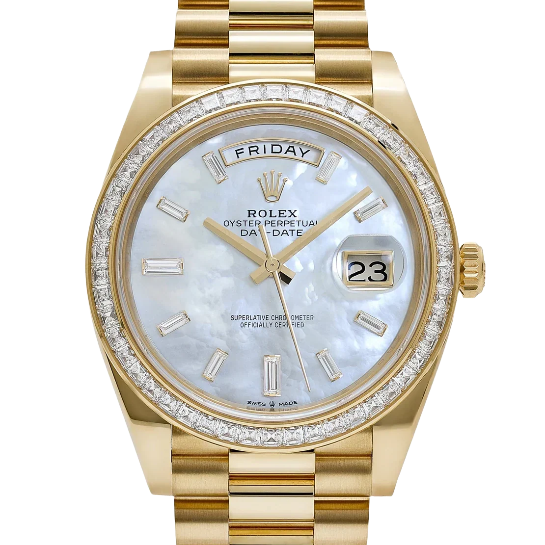 Day-Date 40 228398TBR Yellow Gold Mother of Pearl Diamond Baguette Dial and Bezel