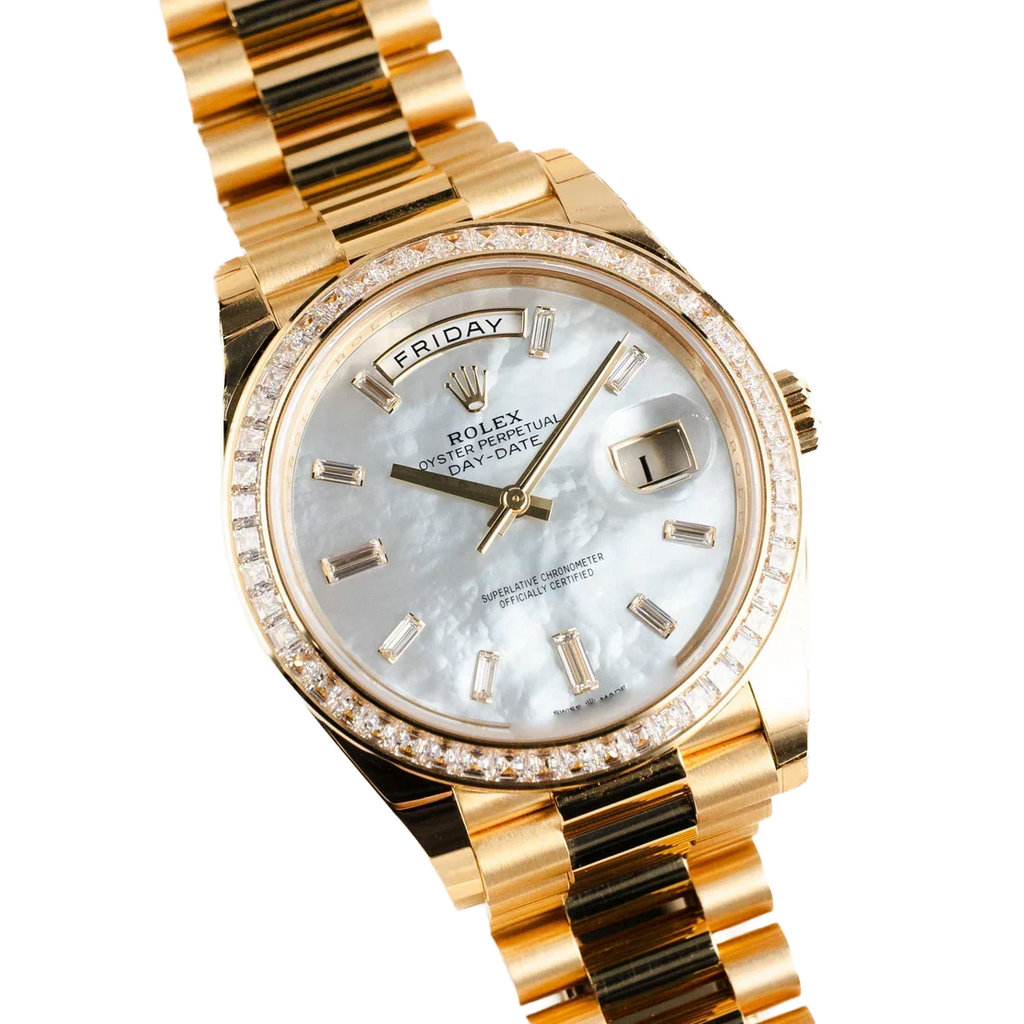 Day-Date 40 228398TBR Yellow Gold Mother of Pearl Diamond Baguette Dial and Bezel