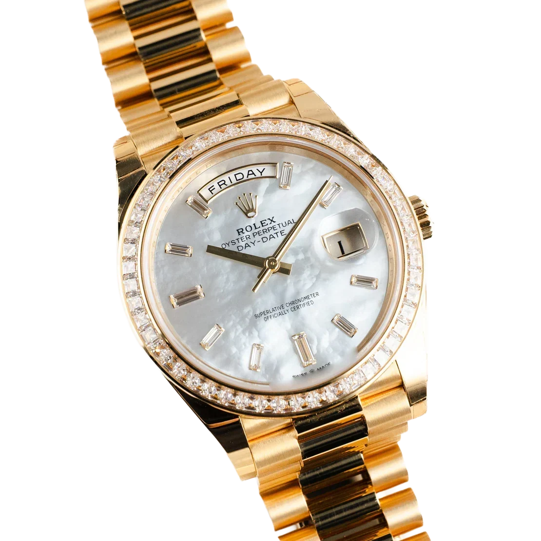 Day-Date 40 228398TBR Yellow Gold Mother of Pearl Diamond Baguette Dial and Bezel