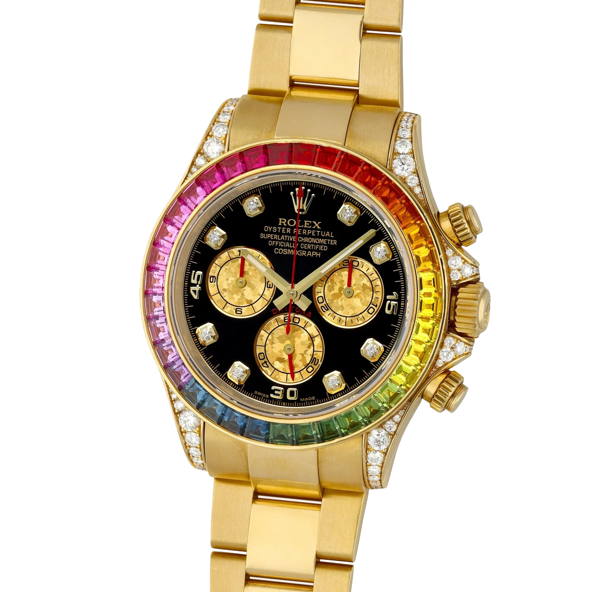 Daytona 116598RBOW Rainbow Yellow Gold Black Diamond Dial Sapphire Bezel