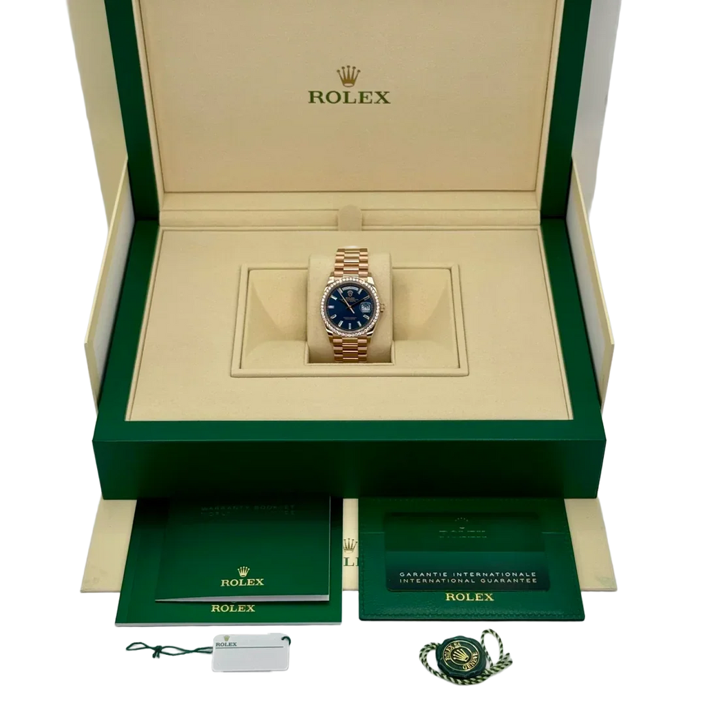 Day-Date 36mm 128345RBR Rose Gold Diamond Bezel Blue-Green Baguette Marker Dial