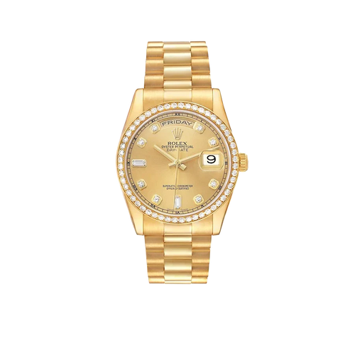 President Day-Date 36mm Yellow Gold Diamond Bezel Mens Watch 118348